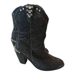 Dolls Kill X Club Exx Black Silver Rhinestone Cowboy Cowgirl Boots Pointed Toe 8